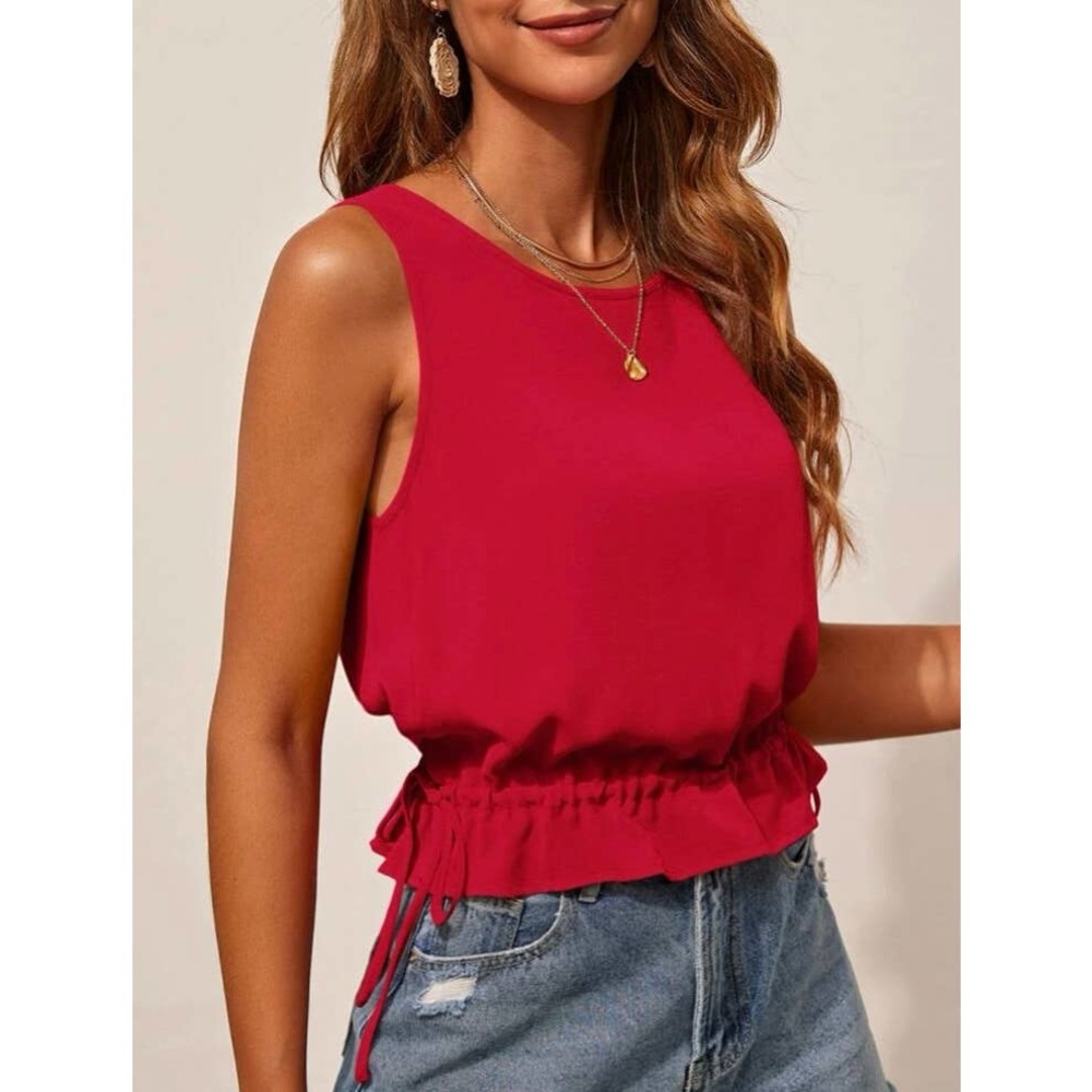 Red Drawstring Waist Ruffle Hem Top - Picture 1 of 6